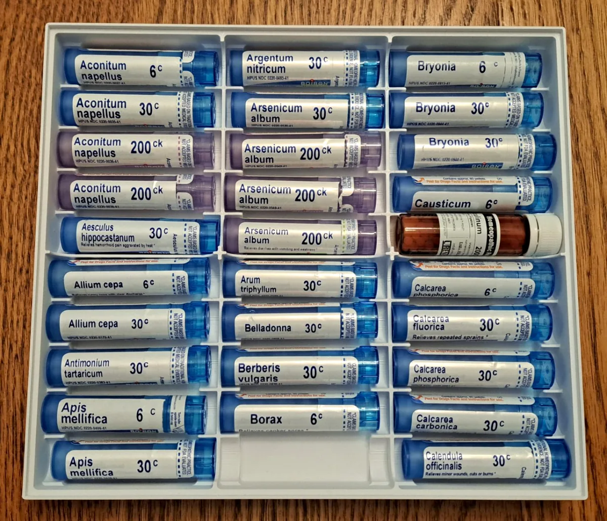 3 x 10 tray filled with homeopathic remedy vials